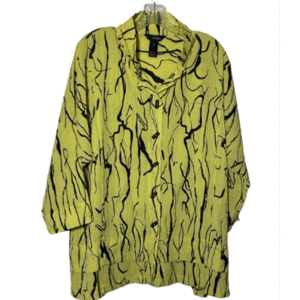 Ali Miles Artsy Lime Green Squiggle Print Toggle Front Tunic Blouse 1X